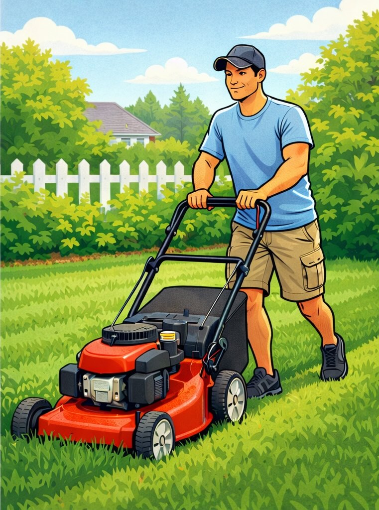 A neighbor mowing their lawn with a borrowed mower